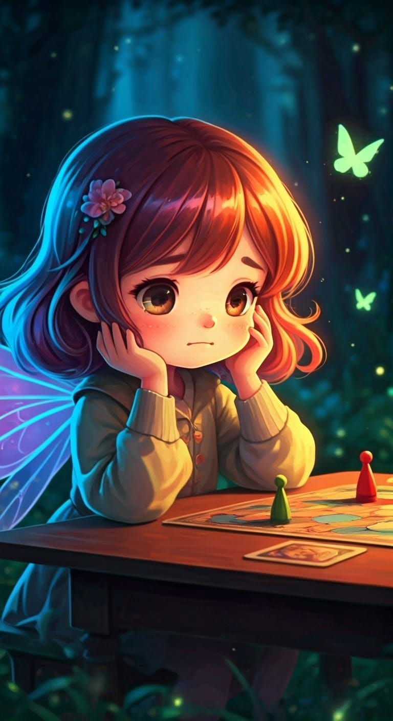 Whimsical Chibi Fairy Enjoys Magical Board Game in Enchanted...