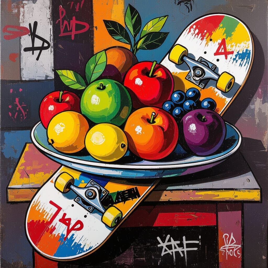 Vibrant Fruit Still Life on Skateboard Deck in Graffiti Styl...