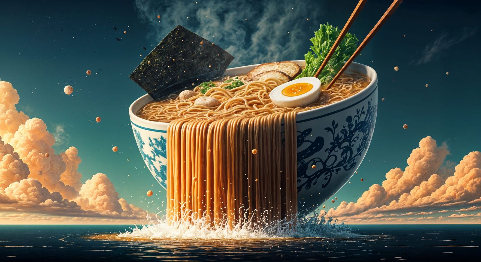 Ramen Bowl in the Sky with Broth Waterfall
