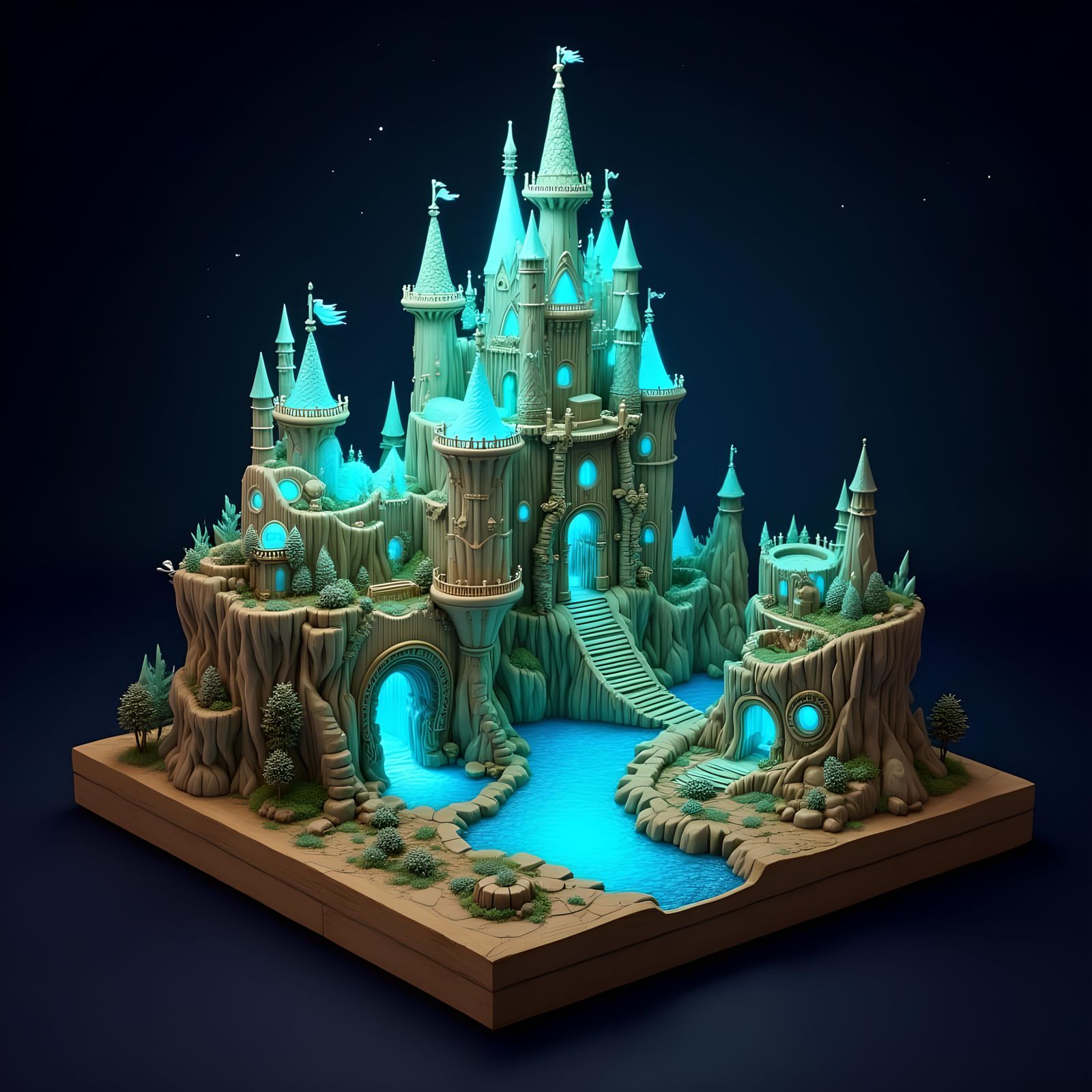 Isometric Wooden Carving: Fantasy Castle at Night