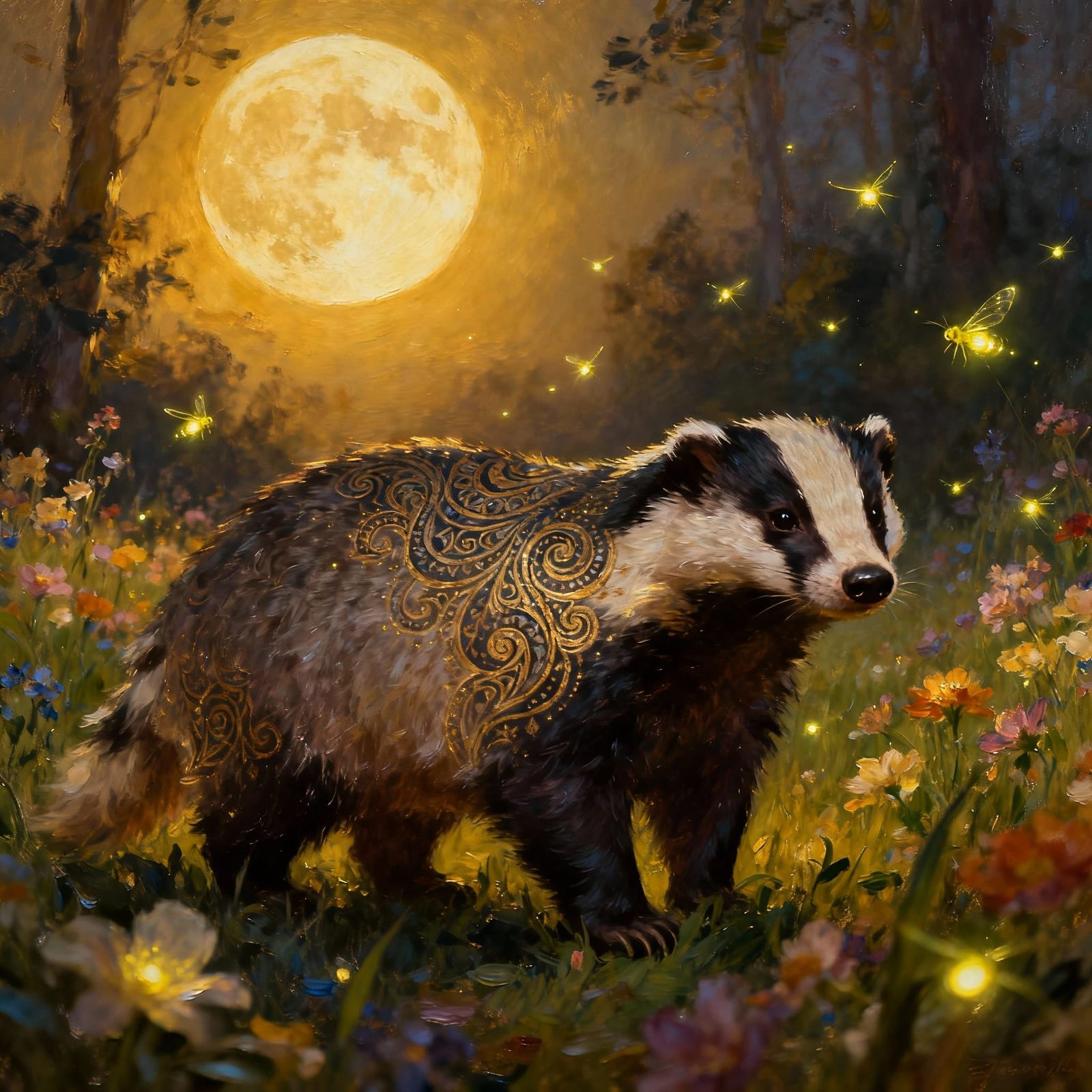 Fantasy Badger in Moonlit Flower Forest Meadow