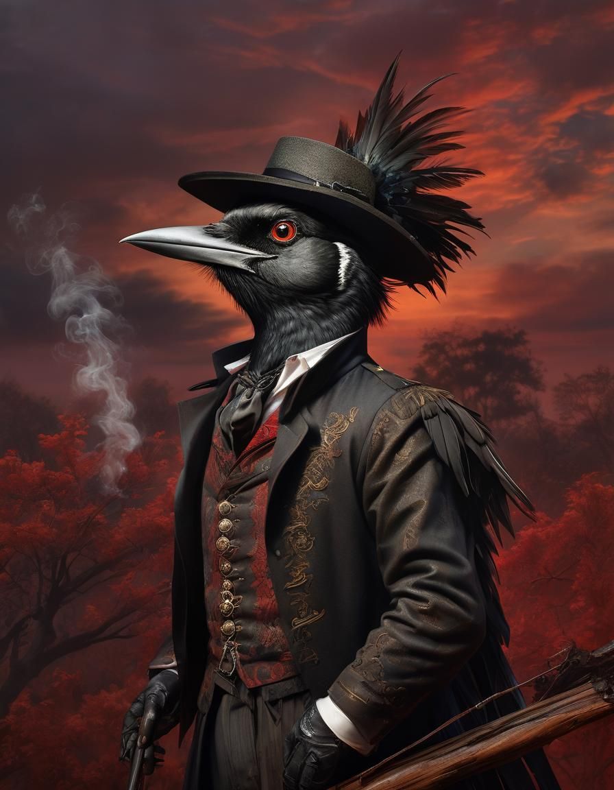 Magpie Smoking Cigar in Dramatic Chiaroscuro Illustration