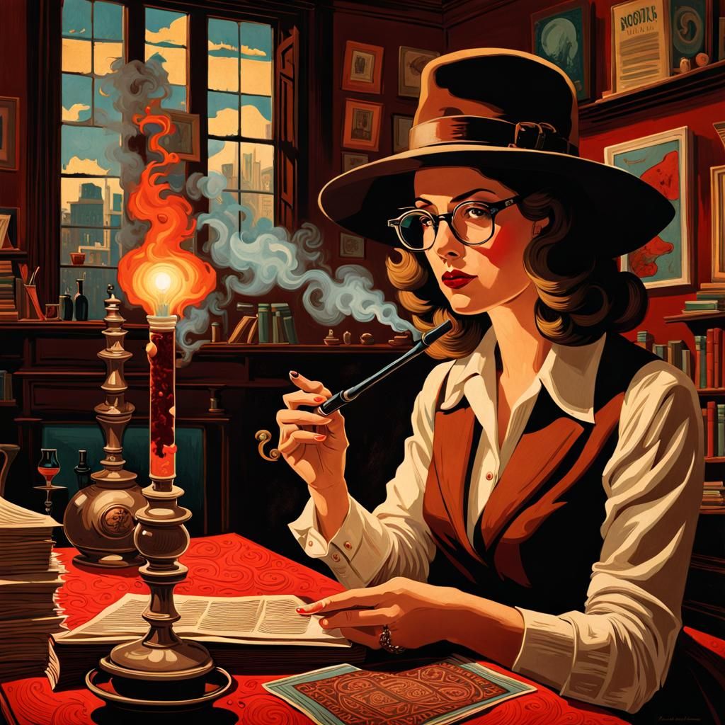 Detective in Bioluminescent Salon, Iridescent Ink Art