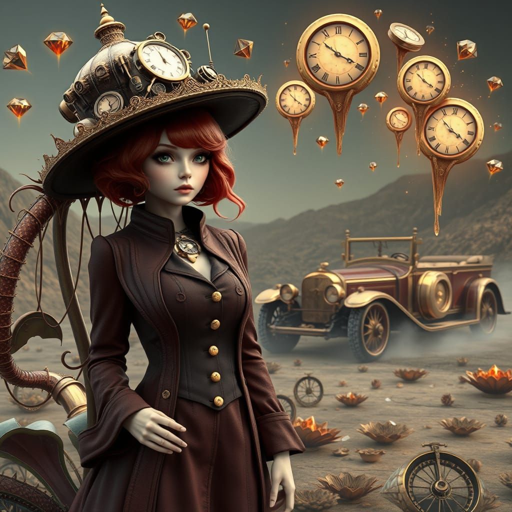 Steampunk Dreamscape with Femme Fatale and Clockwork Wonder