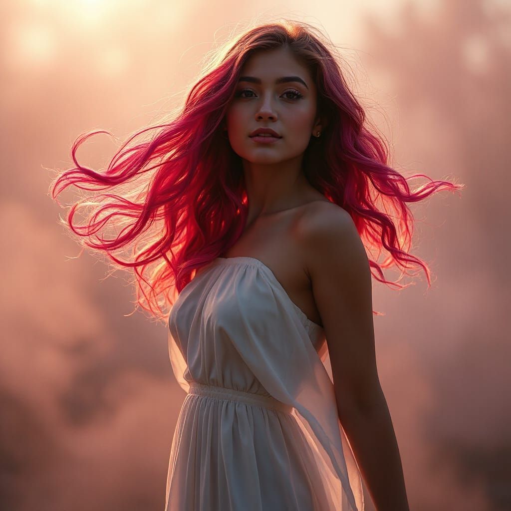 Elegant Woman with Magical Rose Hair in Fine-Art Style