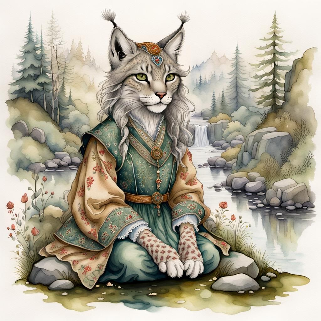 Lynx in Jacobean Dress by Misty Brook