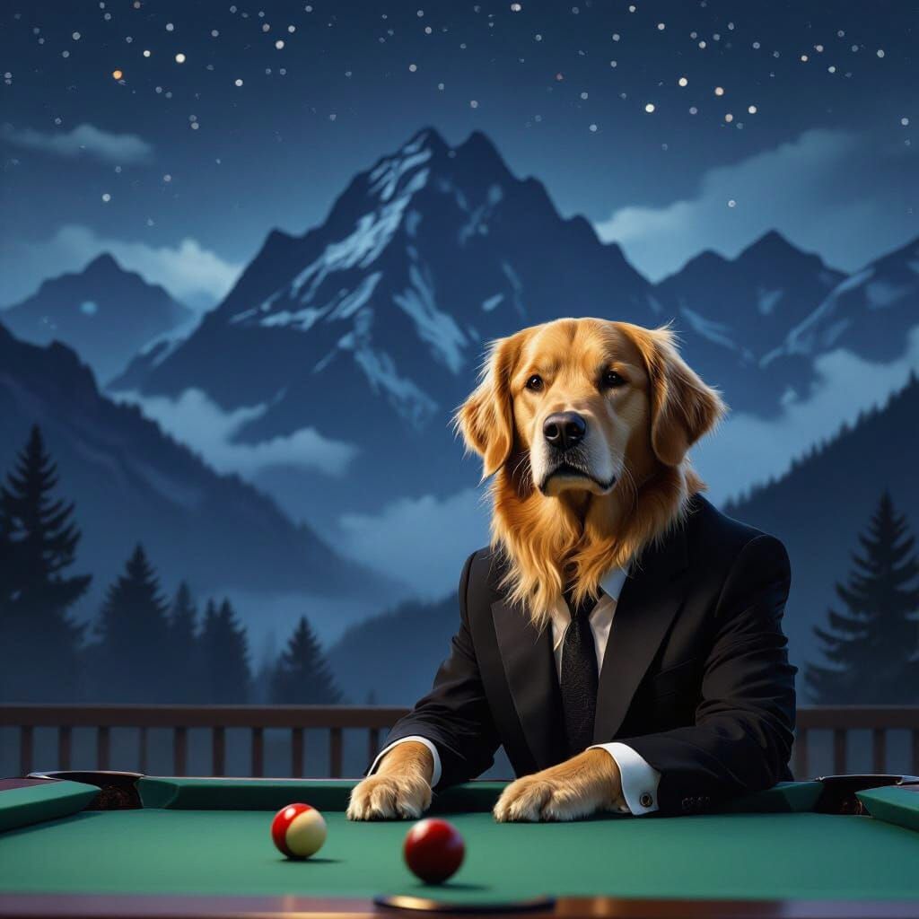 Golden Retriever in Suit Plays Pool Under Misty Mountains