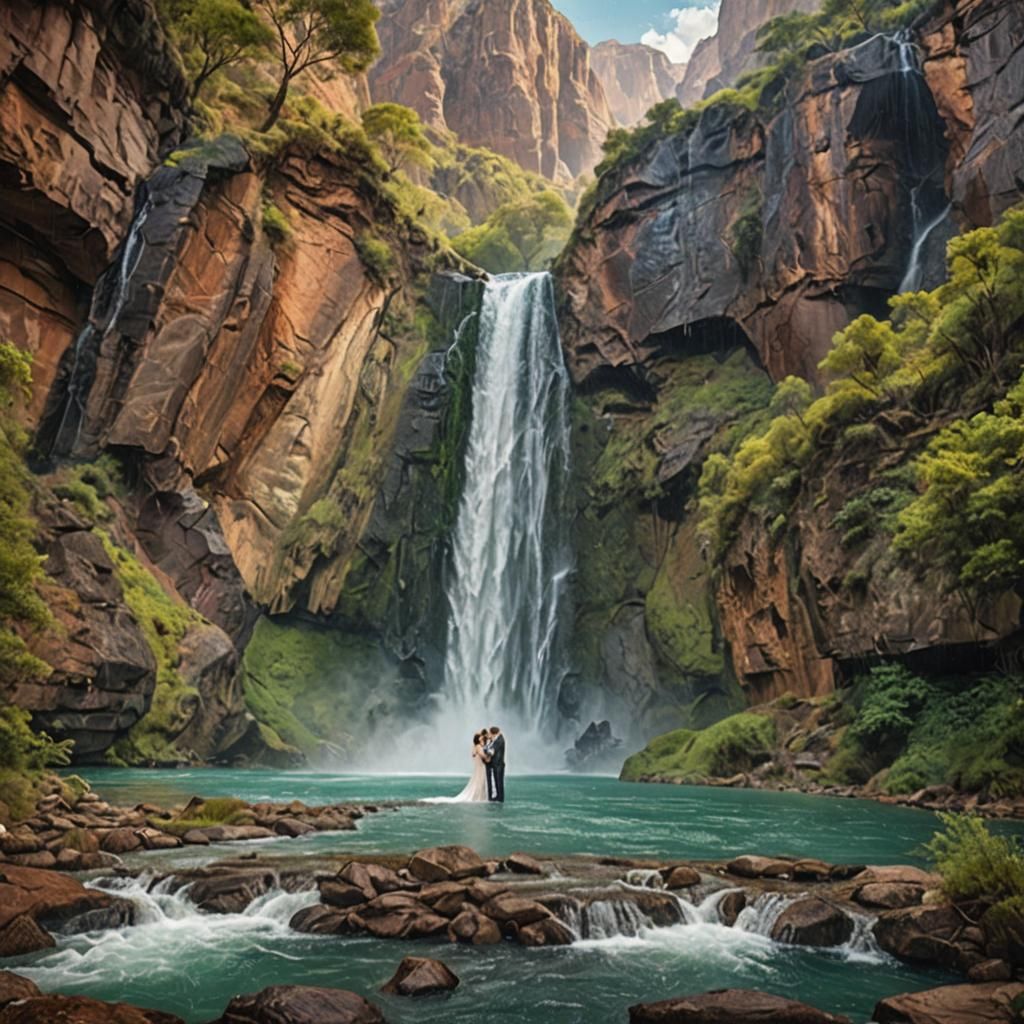 Waterfall Wedding Kiss: Fantasy Concept Art