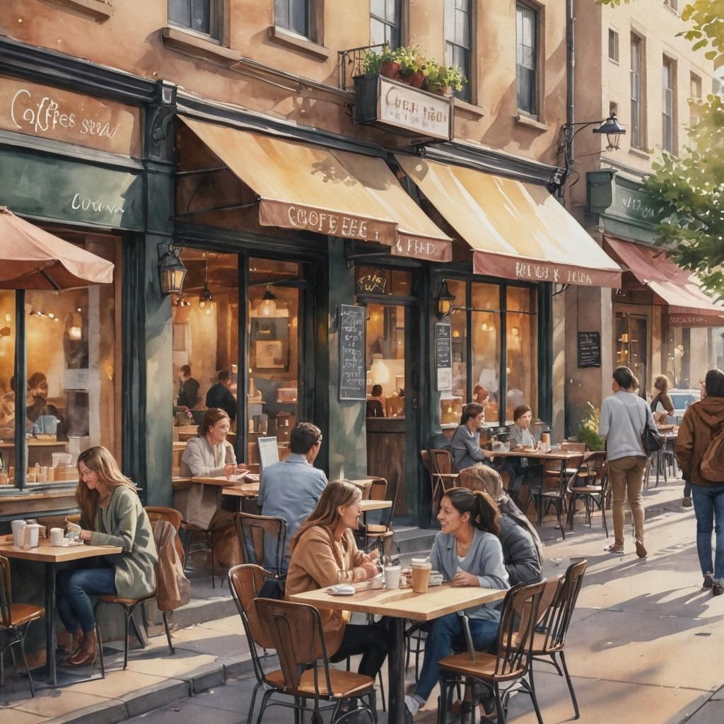 A cozy coffee shop with warm lighting, freshly brewed drinks, and a chalkboard menu out front.