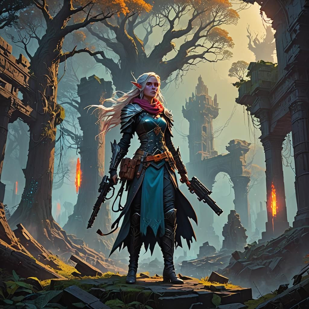 Elf Warrior in Cyberpunk Forest with Dual Guns