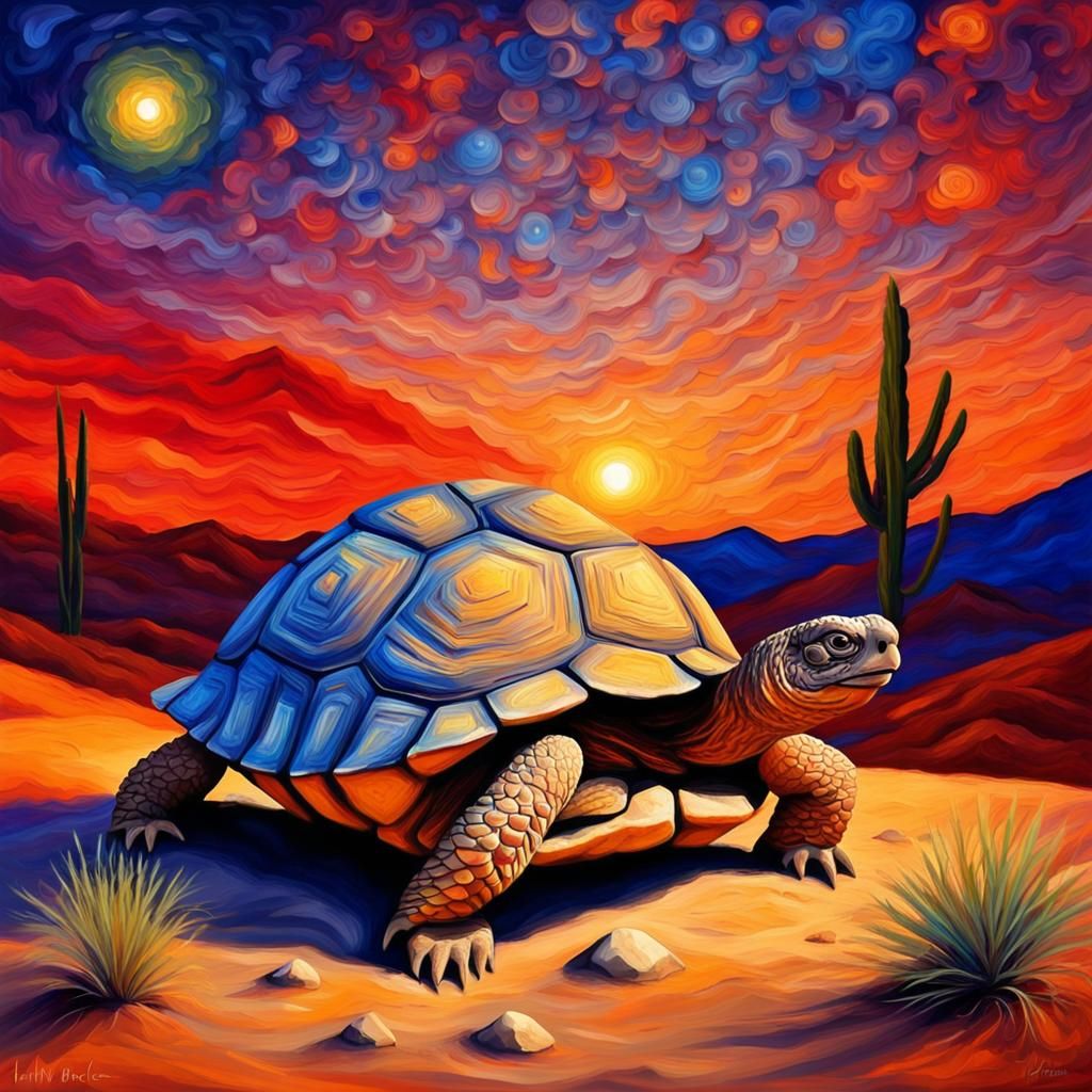 Desert Tortoise in Starry Desert, Impasto Oil Painting