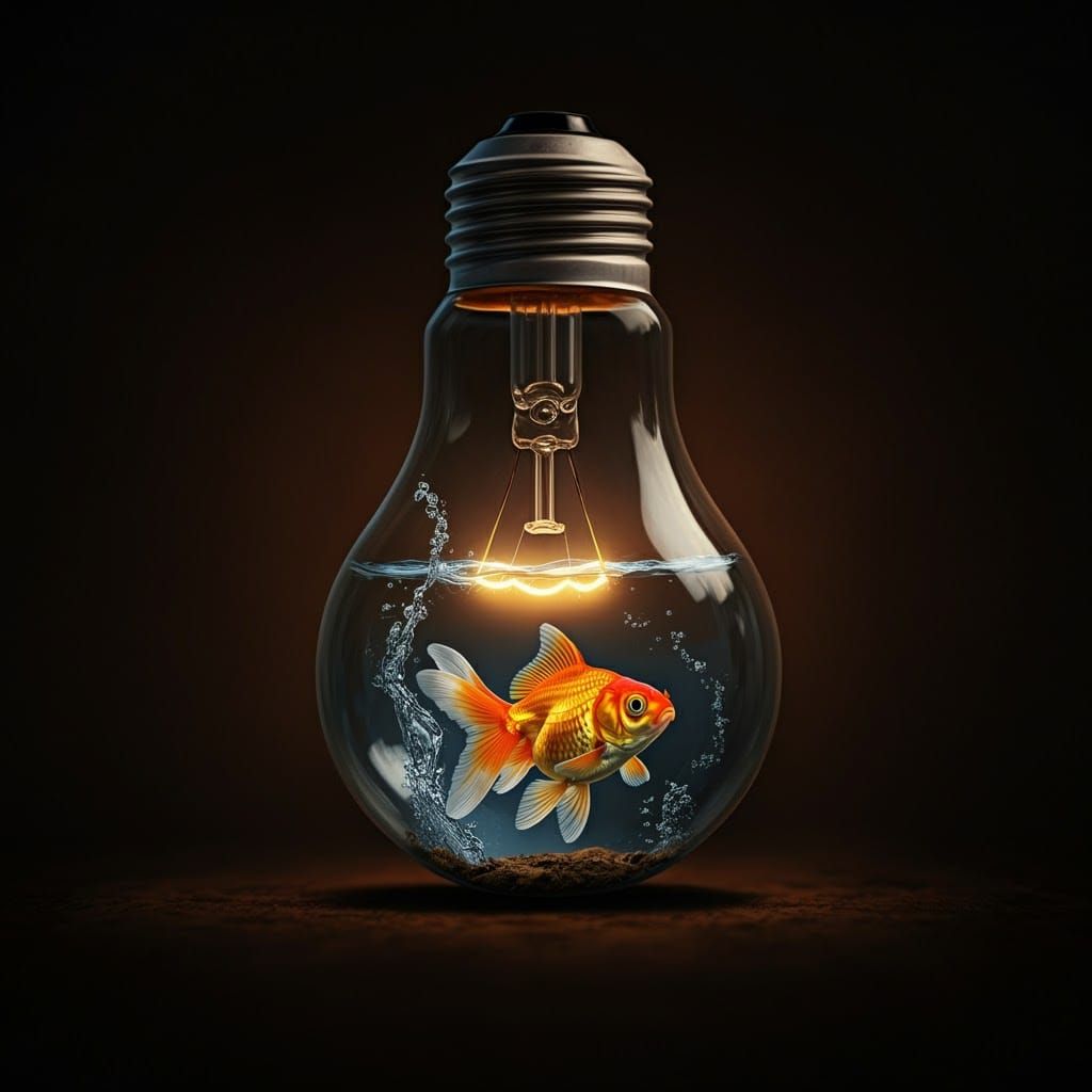 Goldfish in Light Bulb: Whimsical Dreamlike Illustration