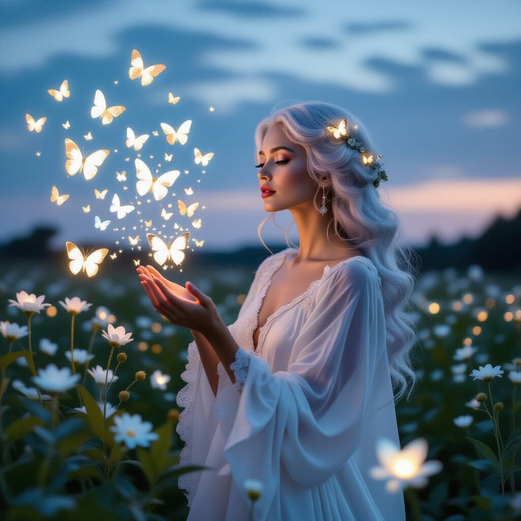 A portrait of a whimsical woman with silver hair, her memories manifesting as glowing butterflies that flutter around he...
