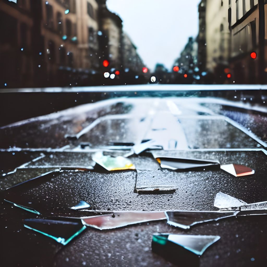Shattered Stained Glass on Rainy Street