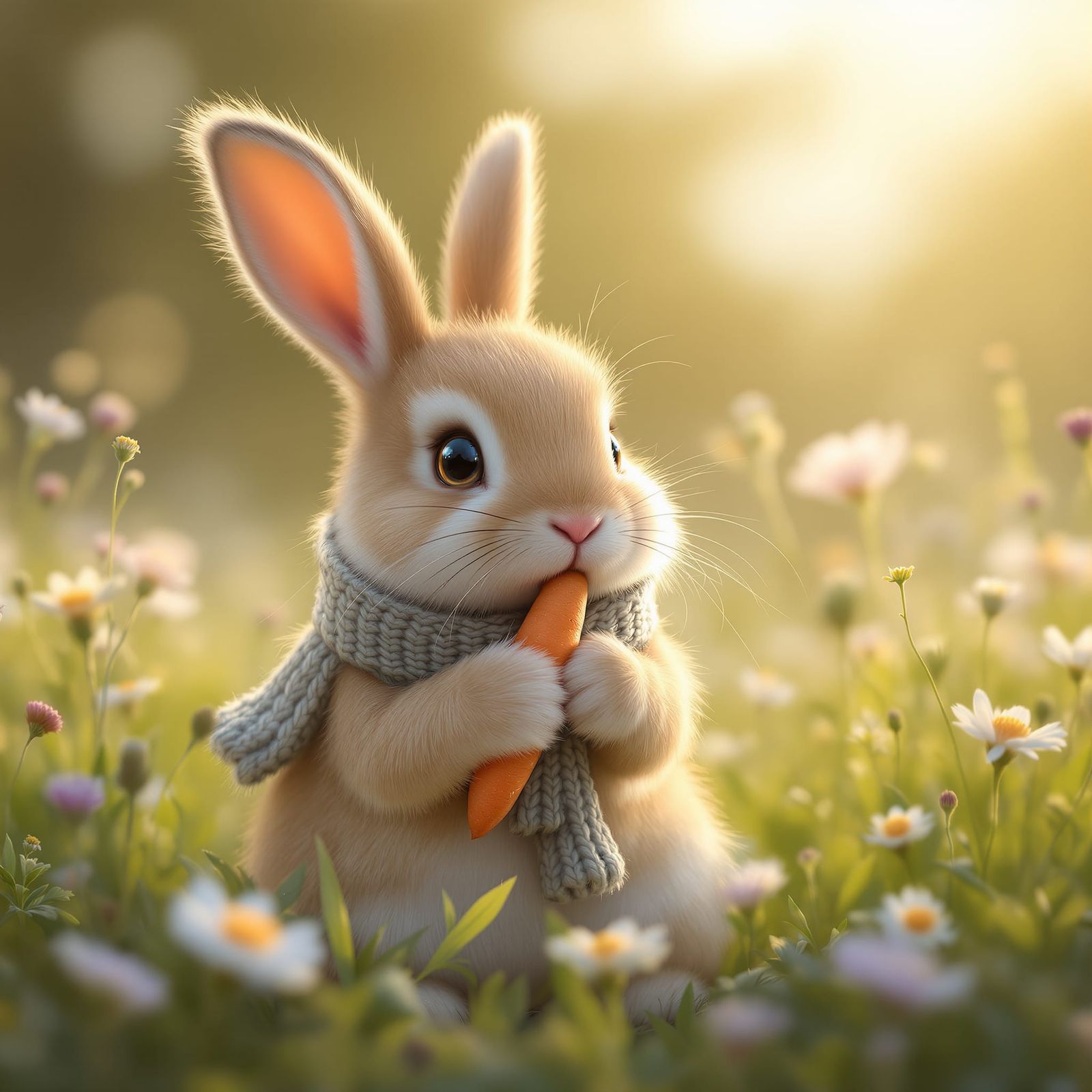 Fluffy Bunny in Meadow at Sunrise
