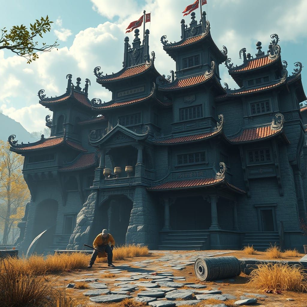 Gong Farmer Cleaning Medieval Castle in 3D Game Style