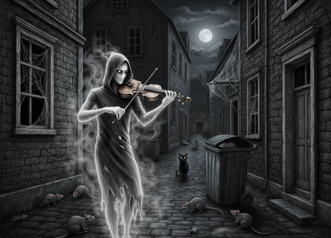 Spectral Violinist in Moonlit Alleyway, Charcoal Style