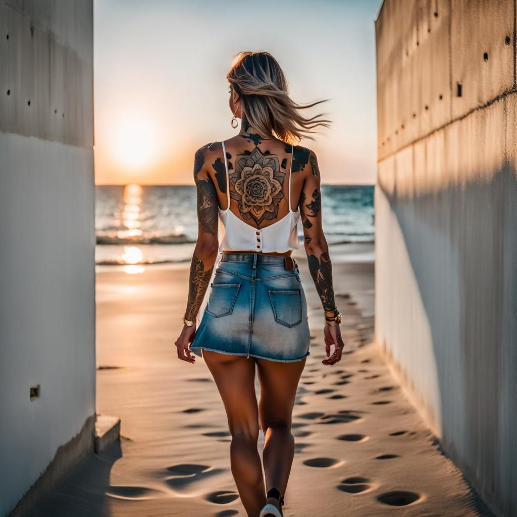 Woman with Tattoo Walking on Beach at Sunset