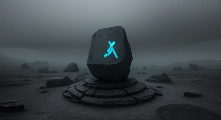 Mysterious Runic Stone in Desolate Digital Landscape