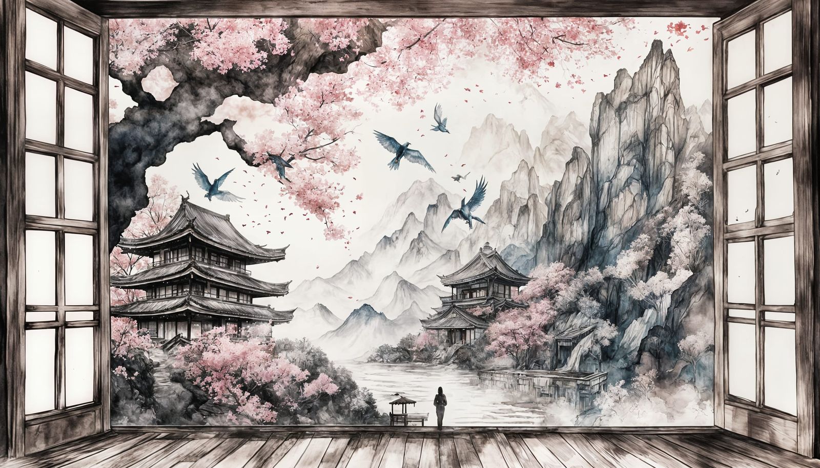 Surreal Landscape Flooding an Apartment: Ink and Watercolor