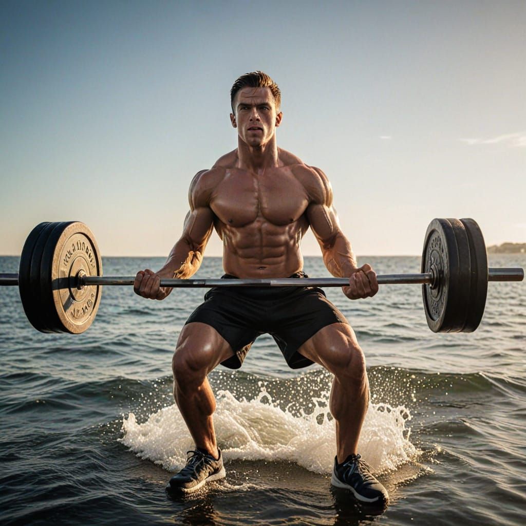 Athlete Lifting Barbell in Dramatic Sea Setting