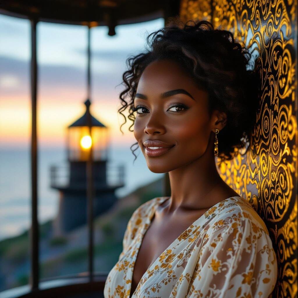 Woman in Lighthouse: Klimt-Inspired Art Nouveau