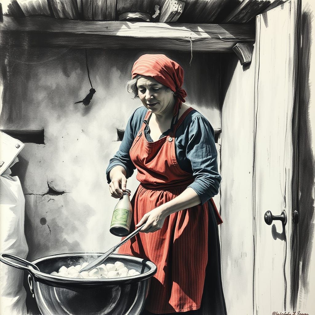 Sedentary Farmhouse Woman Doing Laundry in a Bucket