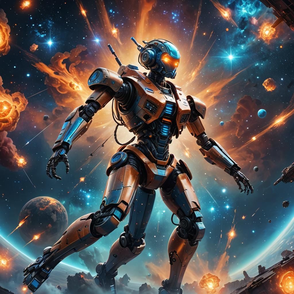 Girl in Robot Suit Floating in Nebula