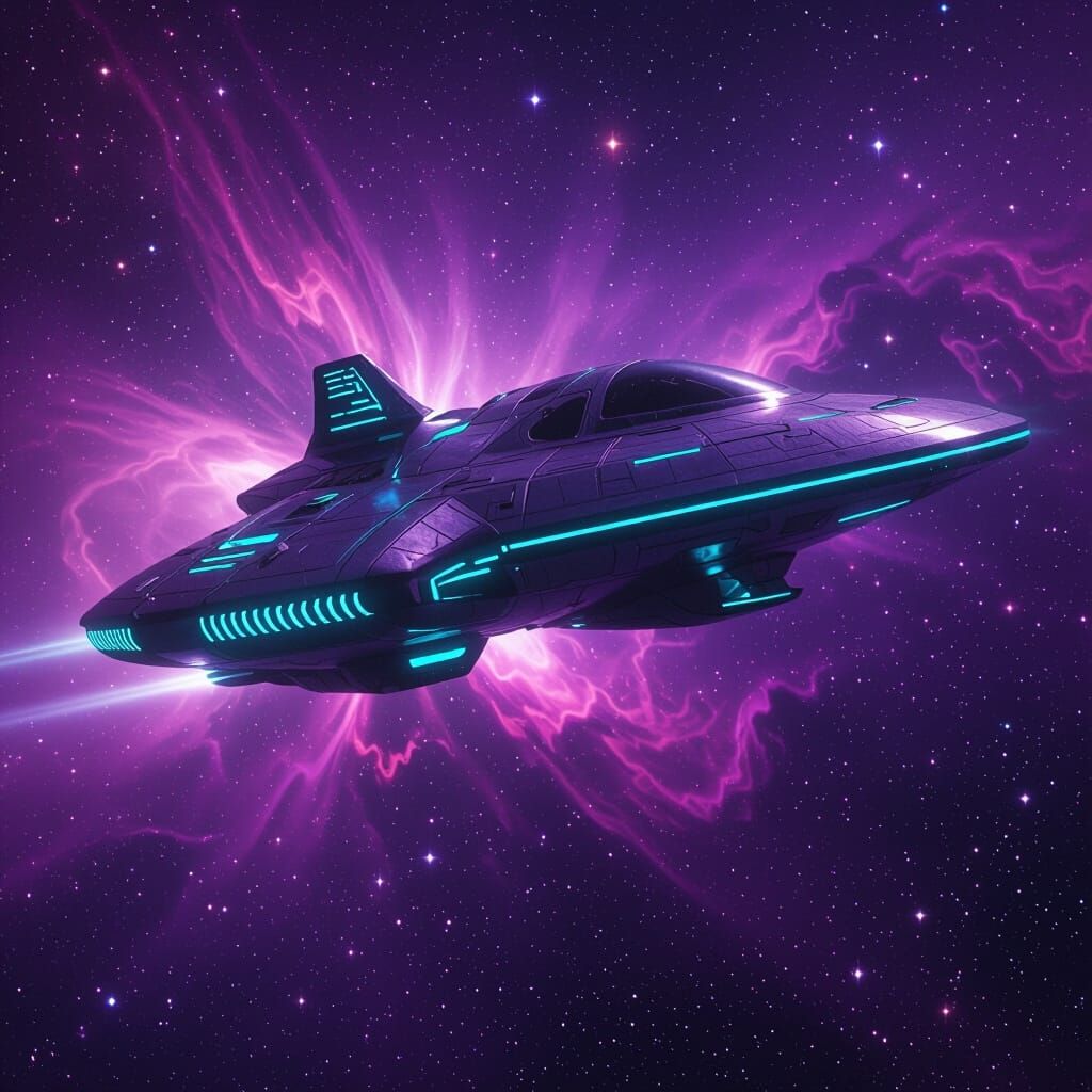 Alien Spaceship in Purple Nebula, Futuristic Sci-Fi Art