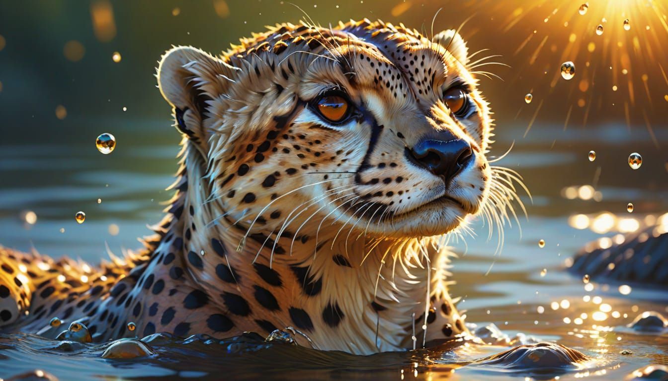 Cheetah Otter Hybrid Playing in Water: Digital Painting