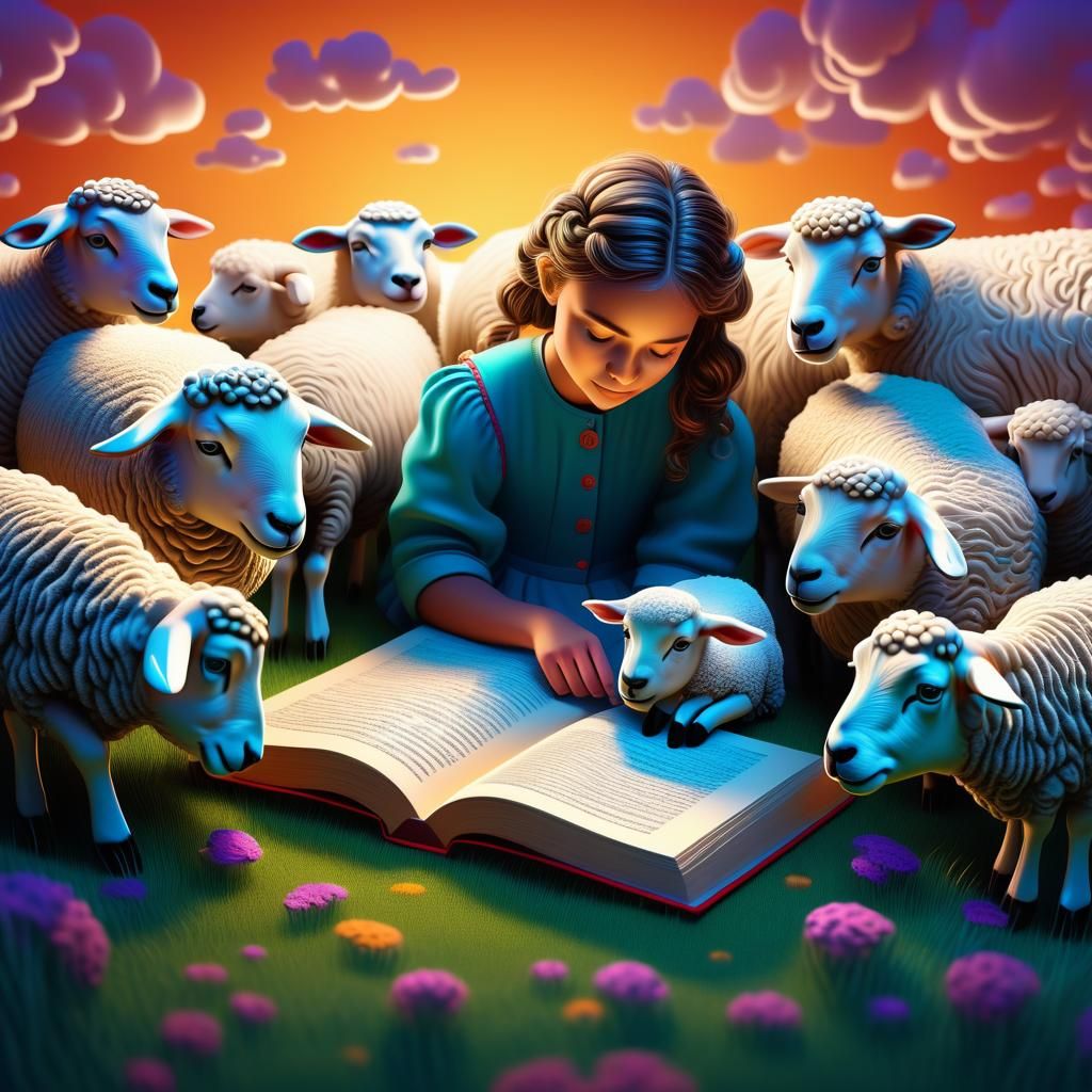 Girl Reads to Sheep: Hyperrealistic Concept Art