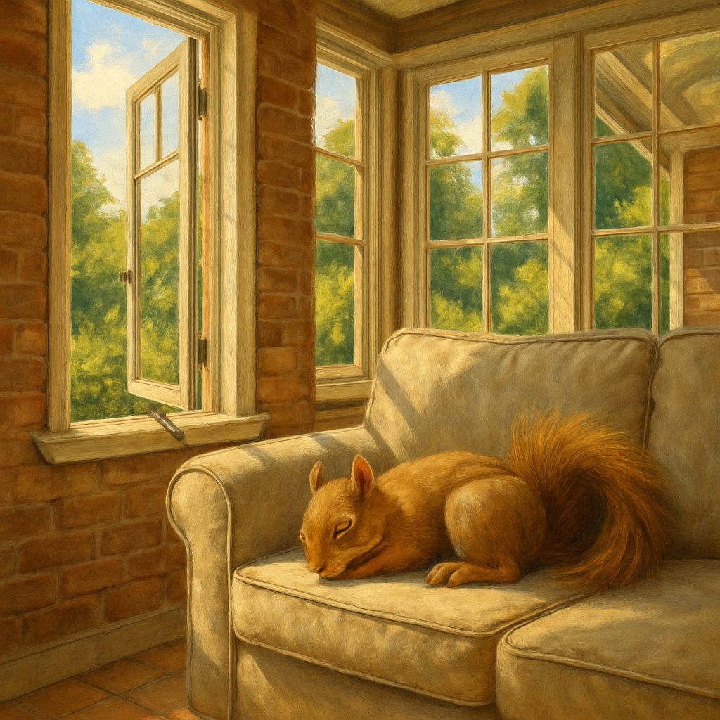 Squirrel Napping on Couch in Sunny Room