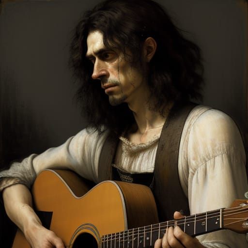 Expressive Oil Portrait of a Guitarist in Somber Tones