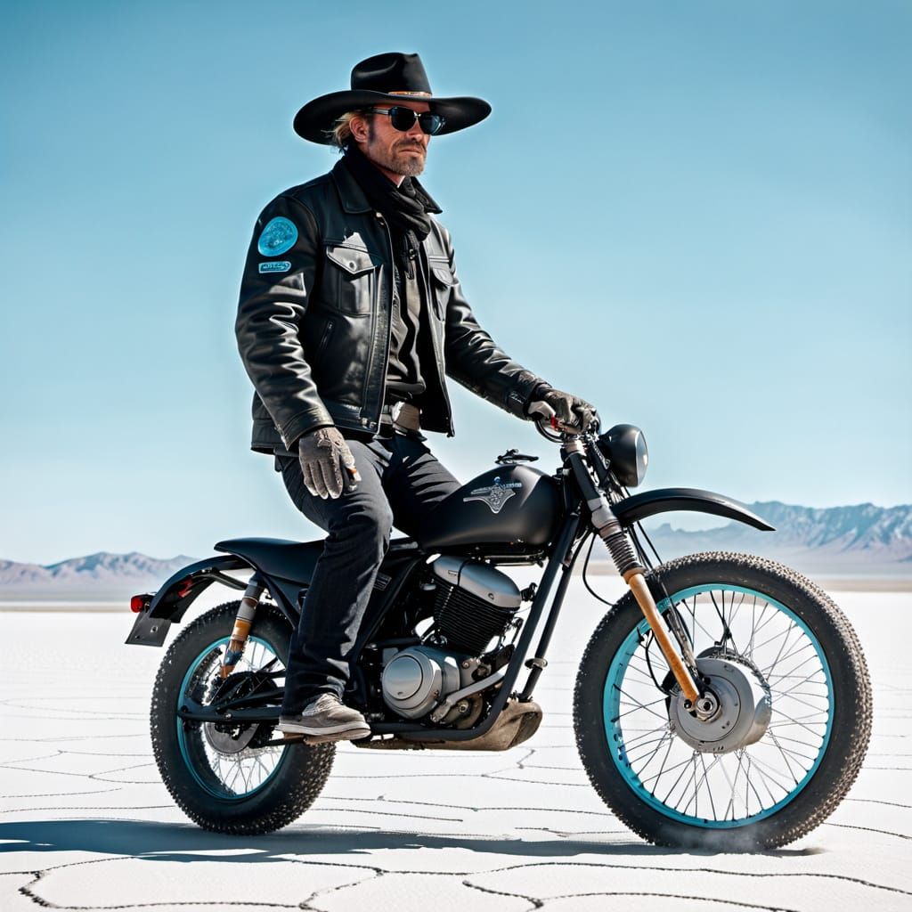 Cowboy Rides Electric Dirt Bike on Salt Flat