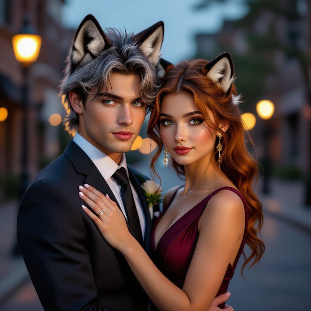 Man With Wolf Ears and Woman With Tiger Ears at Dusk