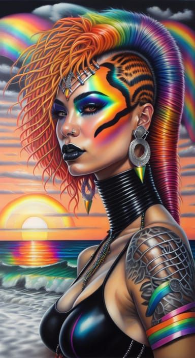 Cybergoth-tiger woman with rainbow hair