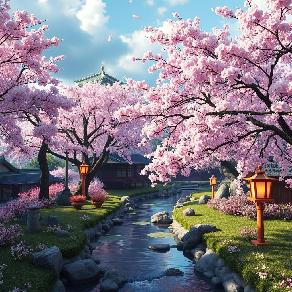 Springtime Japanese Garden with Blossoms: Fantasy Art