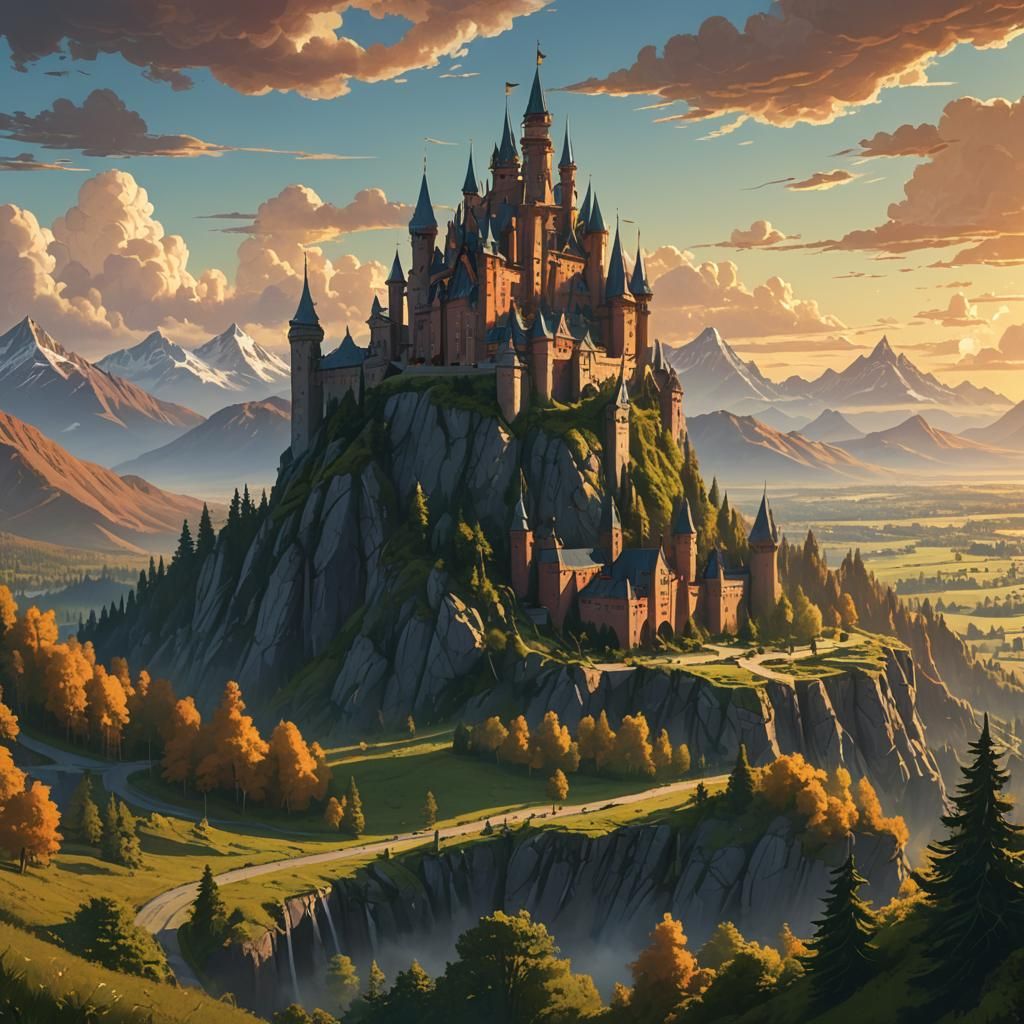 Epic Fantasy Castle Landscape in Golden Hour Lighting