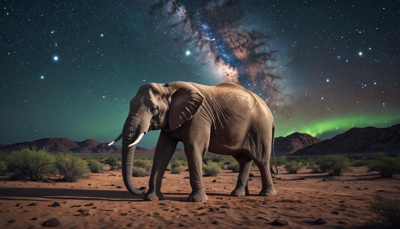 Colored Elephant Under Milky Way in Hyperrealistic Desert