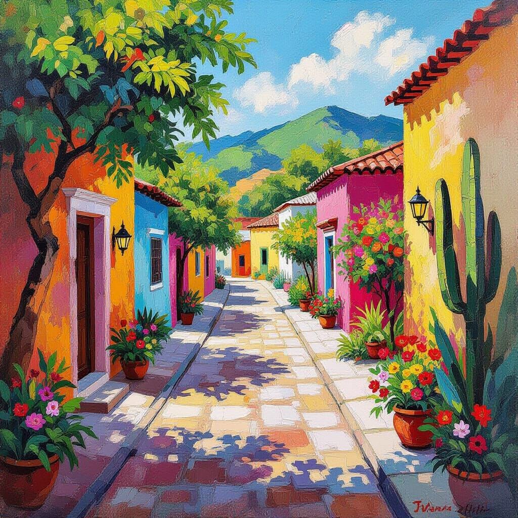 Colorful Mexican Summer Scene in Muralist Style
