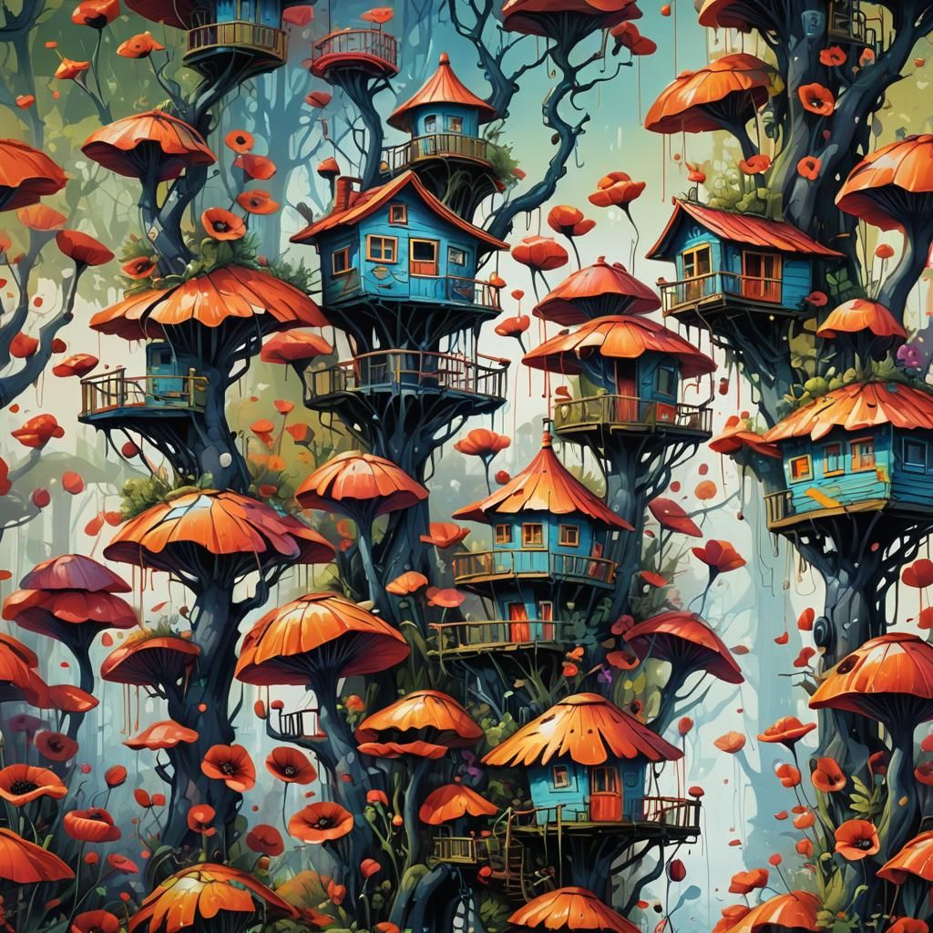 Poppy Treehouses in Colorful Graffiti Art Style