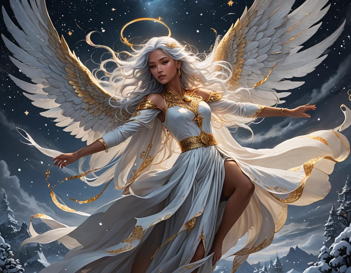 Demigoddess with White Wings in Ethereal Flight