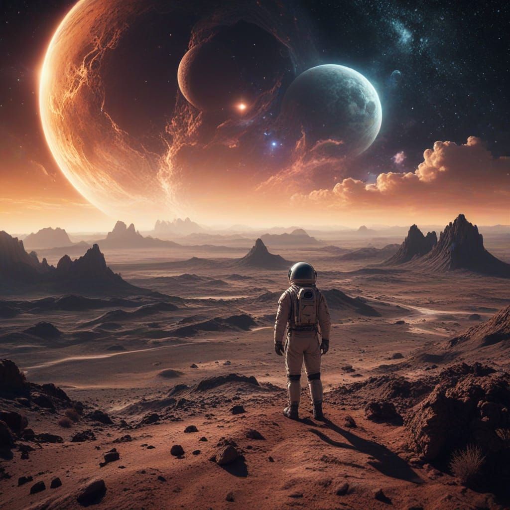 Astronaut Explores Alien Planet Under Nebula Sky