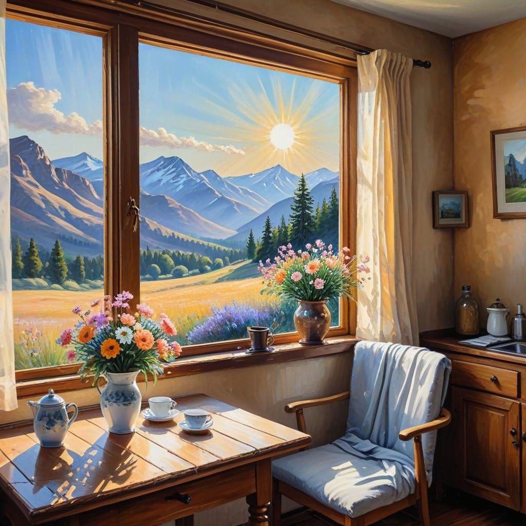 Rustic Cabin Kitchen Table with Wildflowers