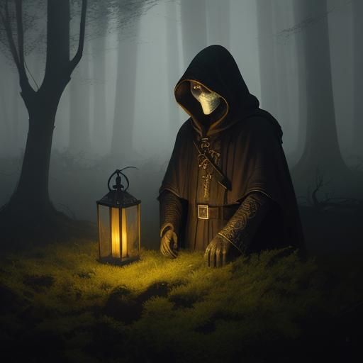 Hooded Figure in Misty Woods: Ethereal Oil Painting