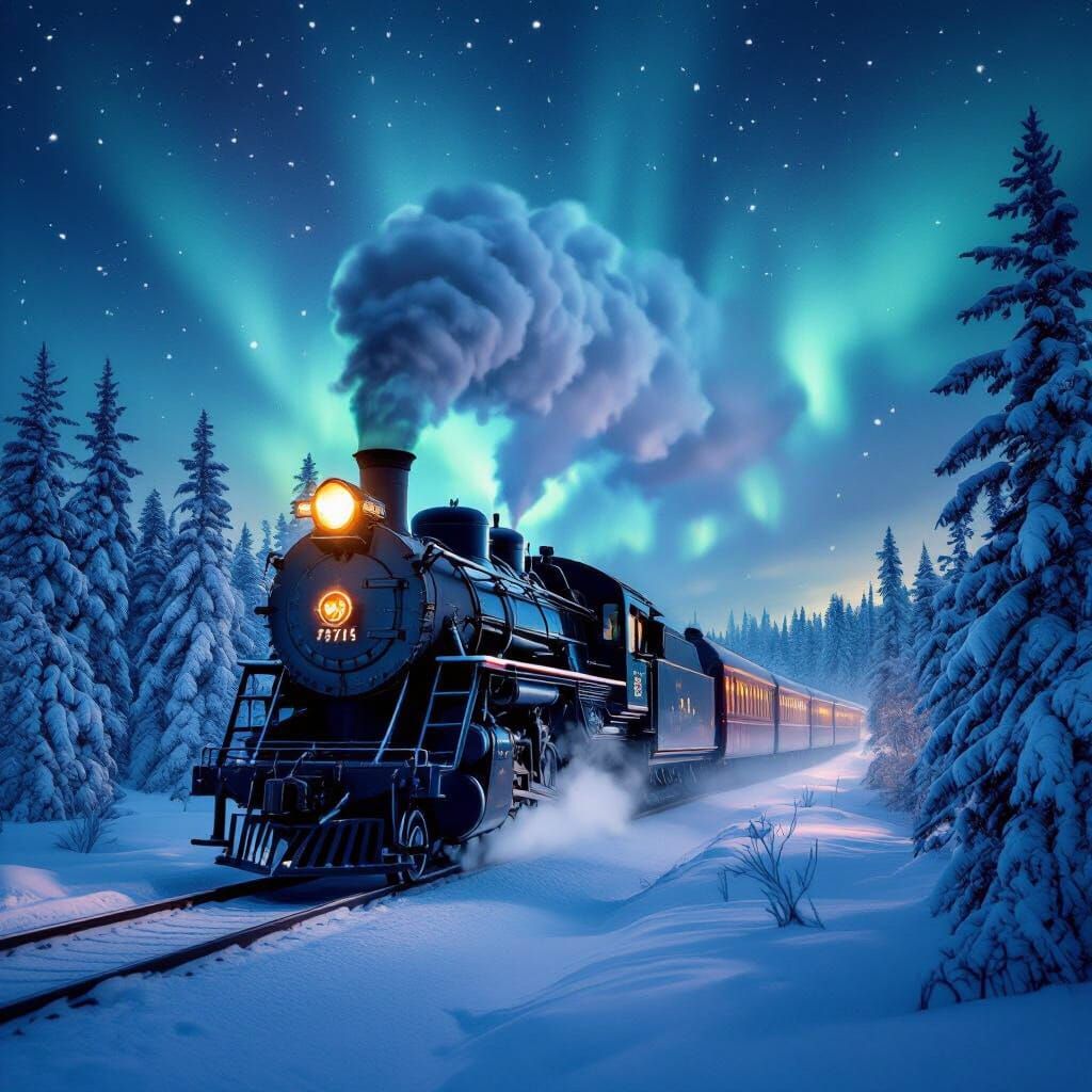 Aurora Express Train in Snowy Forest Under Northern Lights