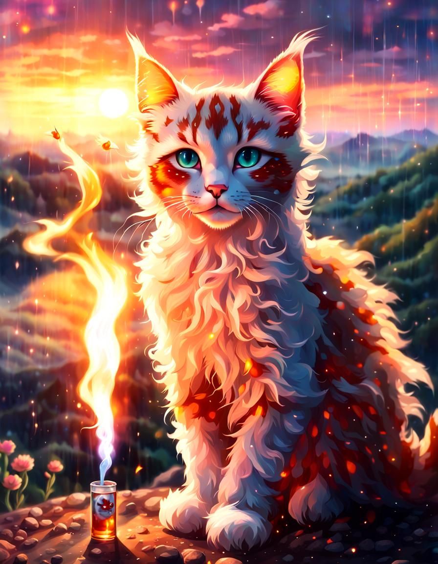 Anthropomorphic Kitten Smokes on Battlefield: Anime Art