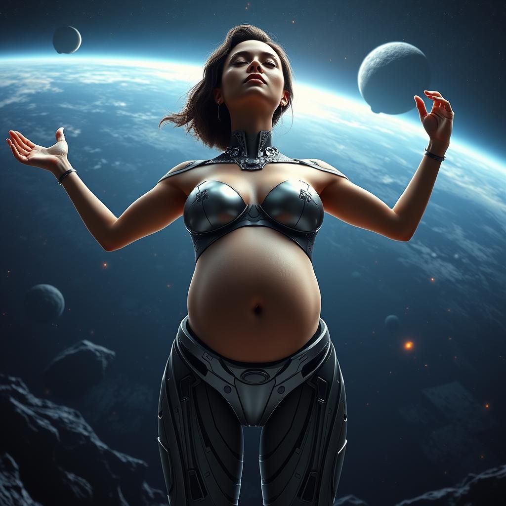 Heroic Woman Proudly Displays Belly in Sci-Fi Space