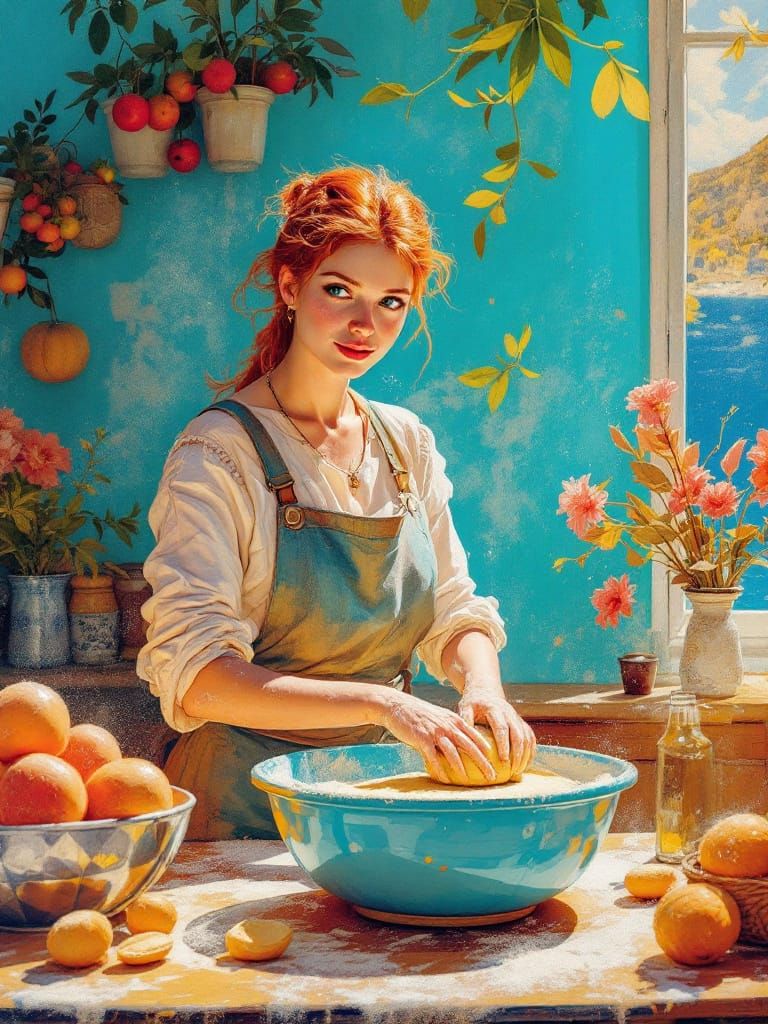 Mediterranean Baker in Sun-Drenched Kitchen