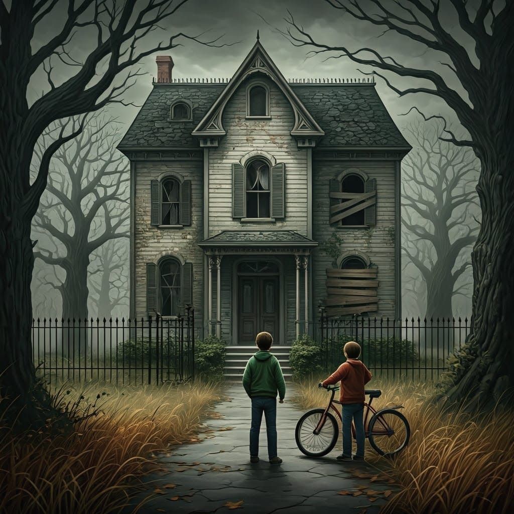 Eerie Victorian House with Boys and Bicycles